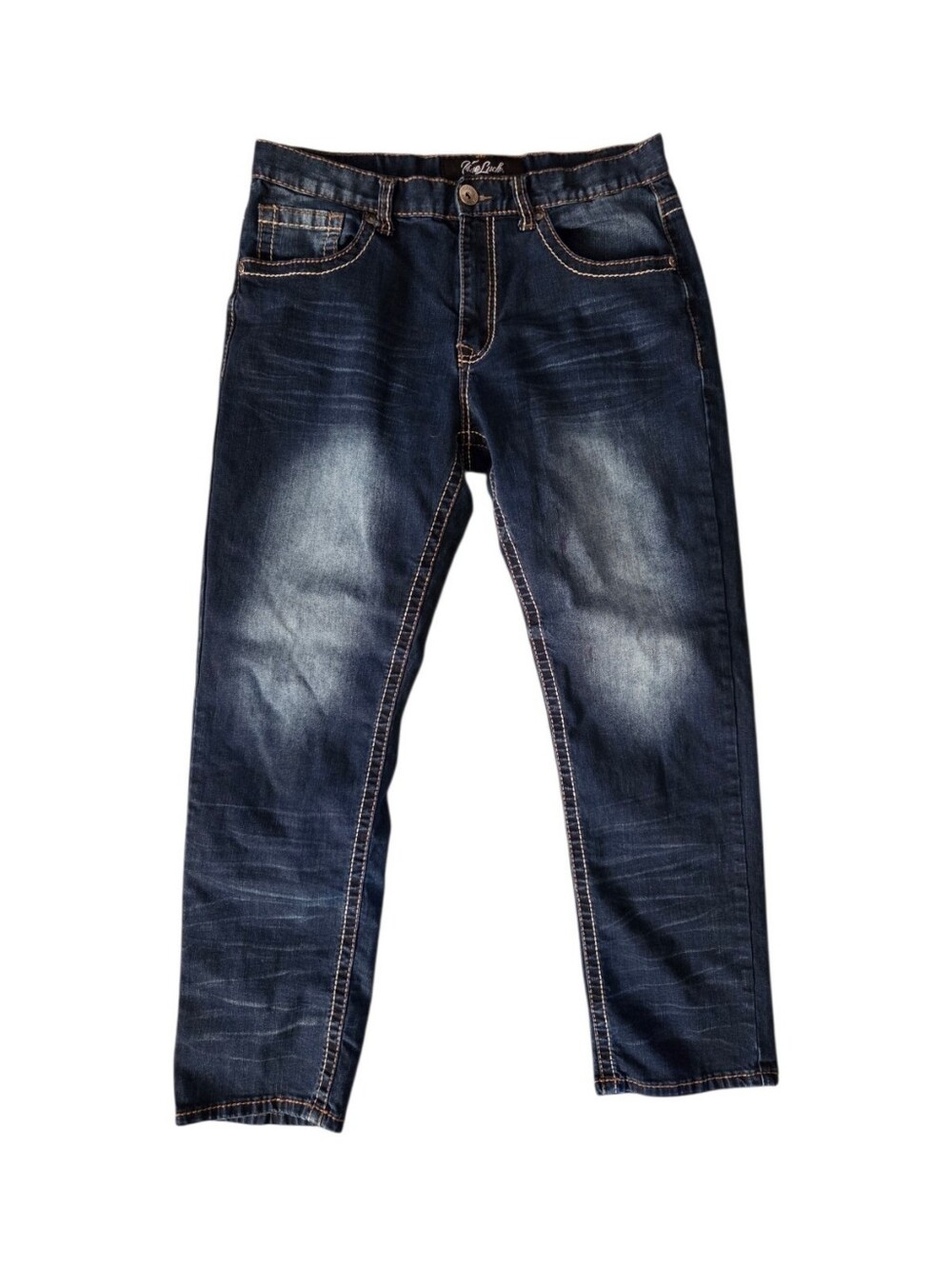 True Luck Men's Jeans Stretch Medium Wash Size 34x30 Embroidered Bootcut EUC